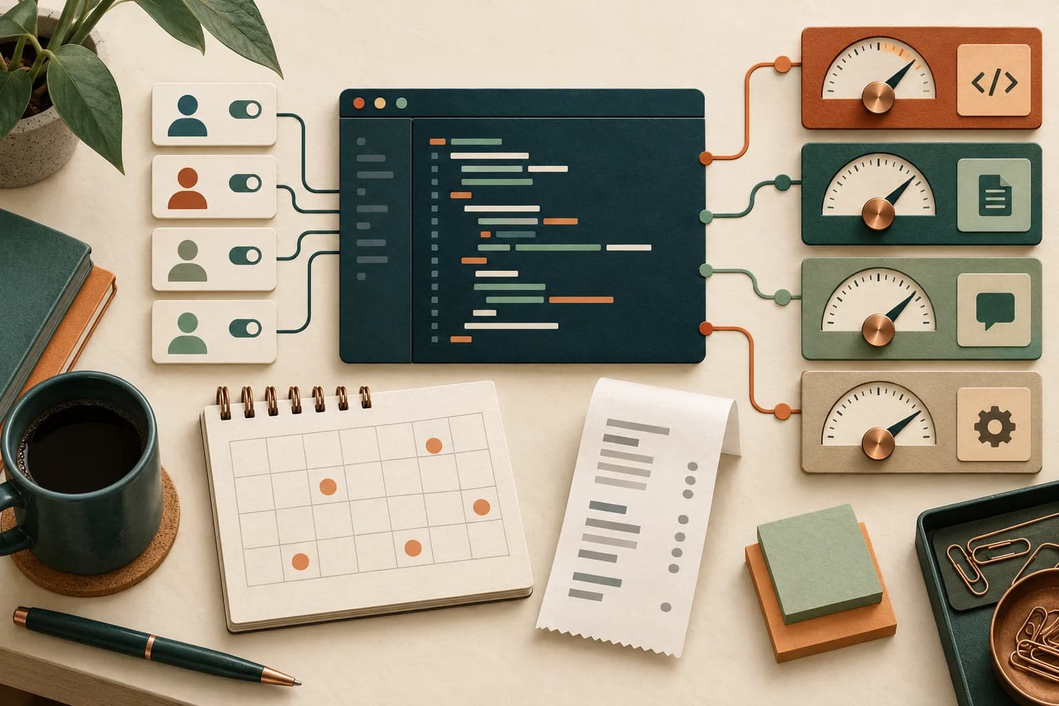 An illustrated code editor connects to a monthly calendar, a receipt and four separate usage meters.