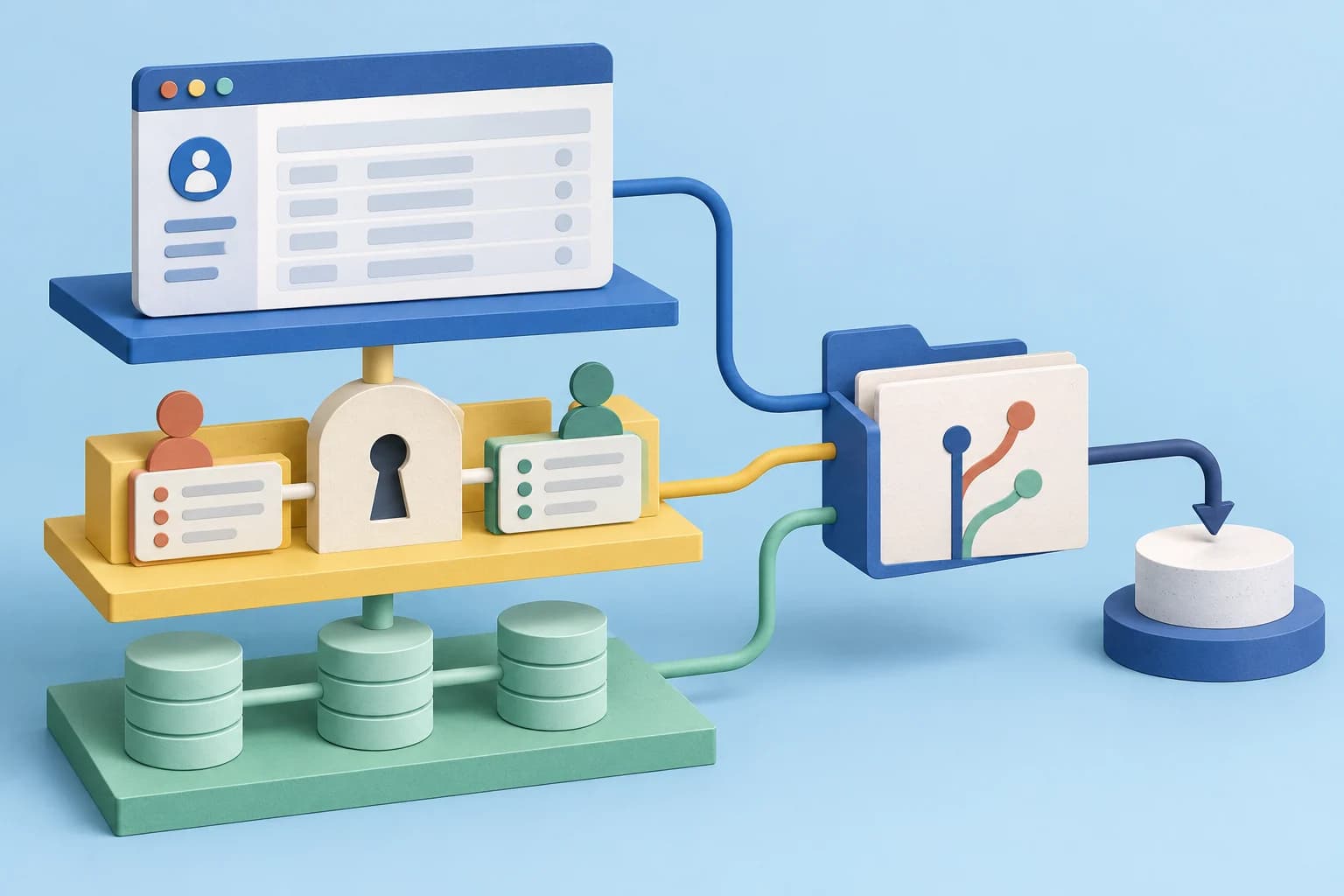 An exploded web app shows a dashboard above separate user access gates, a database and a version-control folder leading to a deployment platform.
